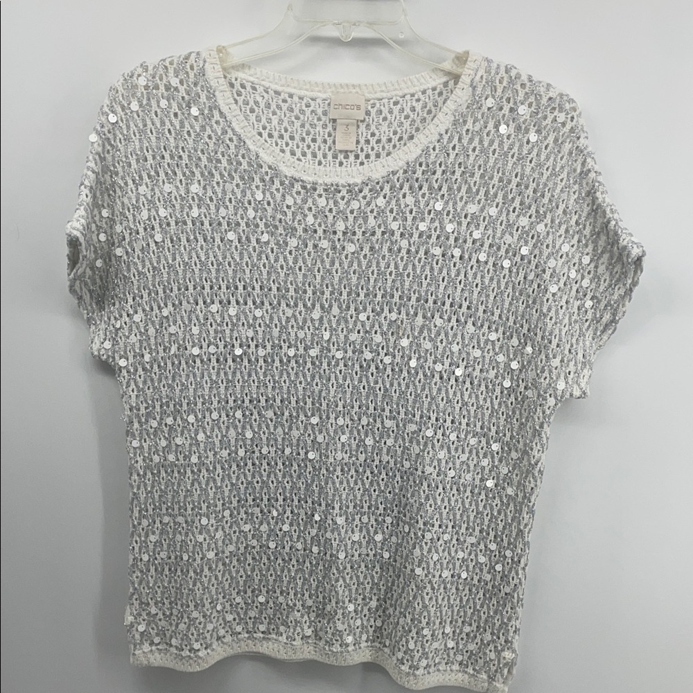 Chico's Cream Sequin Short Sleeve Top